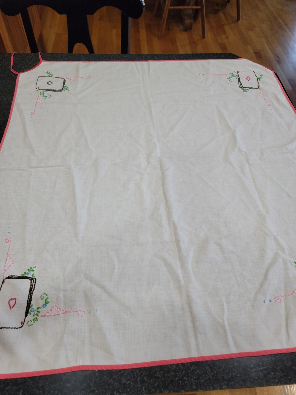 Vintage Hand Embroidered Card Table Cover Playing Cards Bridge Cloth Corner Ties